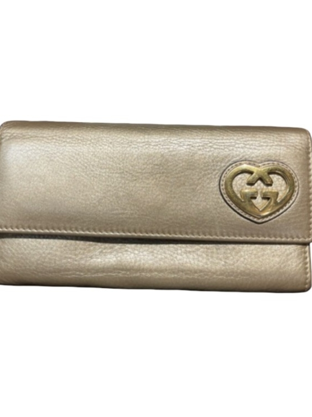Gucci Lovely Heart Metallic Gold Leather Bifold Long Wallet Purse Bag Clutch